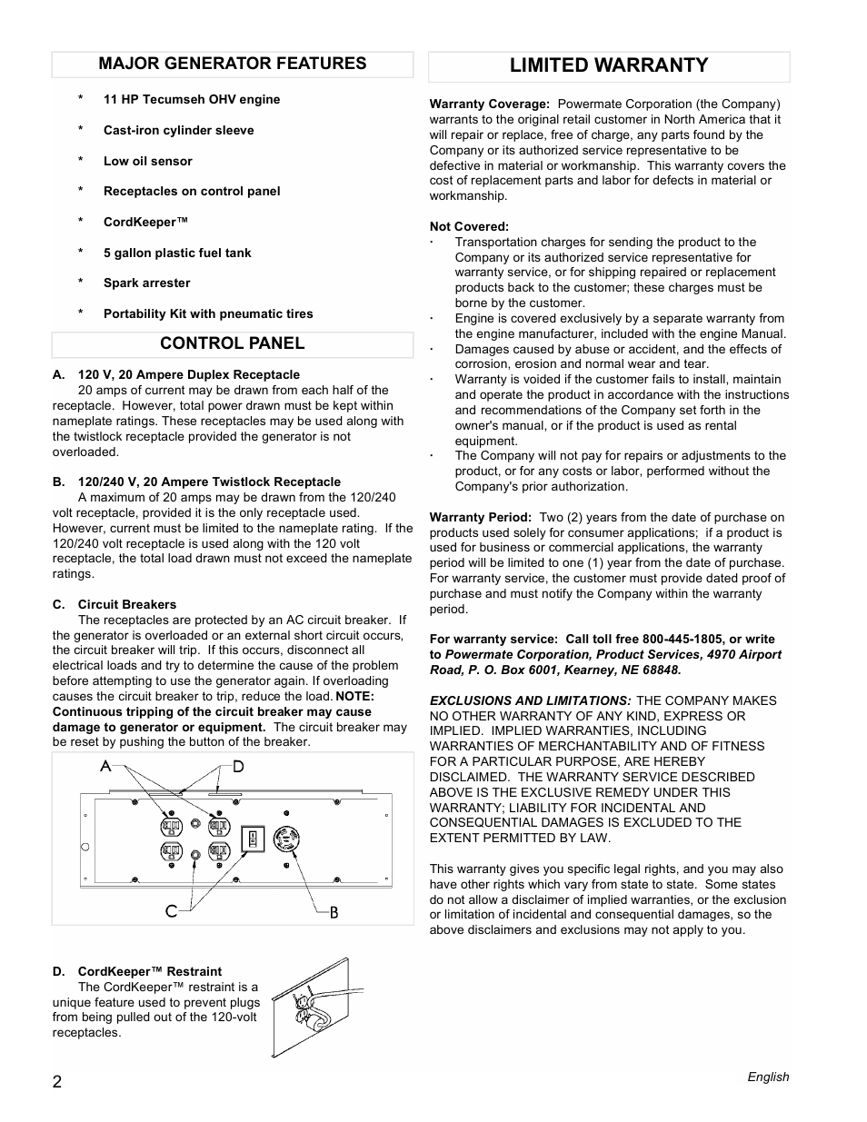 Limited warranty, Control panel major generator features | Powermate PMC525500 User Manual | Page 2 / 16