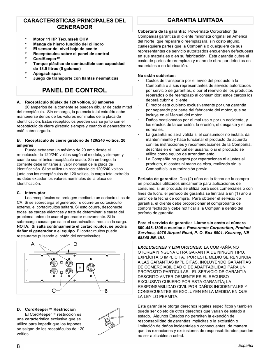 Panel de control | Powermate PMC525500 User Manual | Page 8 / 16