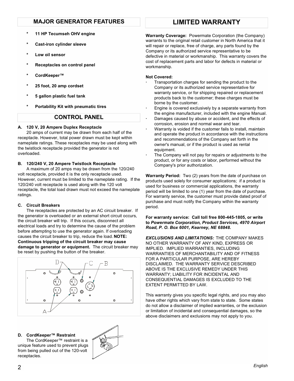 Limited warranty, Control panel major generator features | Powermate PM0525501 User Manual | Page 2 / 12