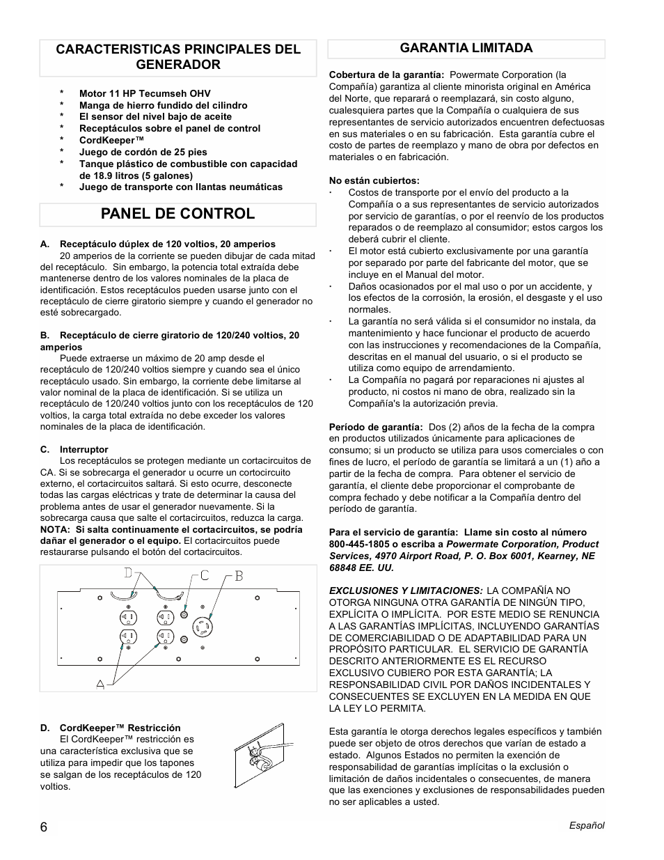 Panel de control | Powermate PM0525501 User Manual | Page 6 / 12