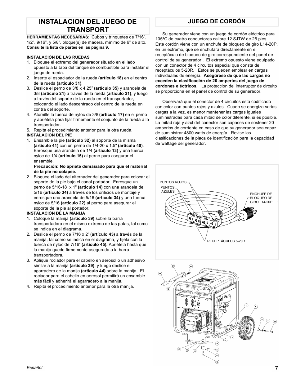 Instalacion del juego de transport, Juego de cordón | Powermate PM0525501 User Manual | Page 7 / 12