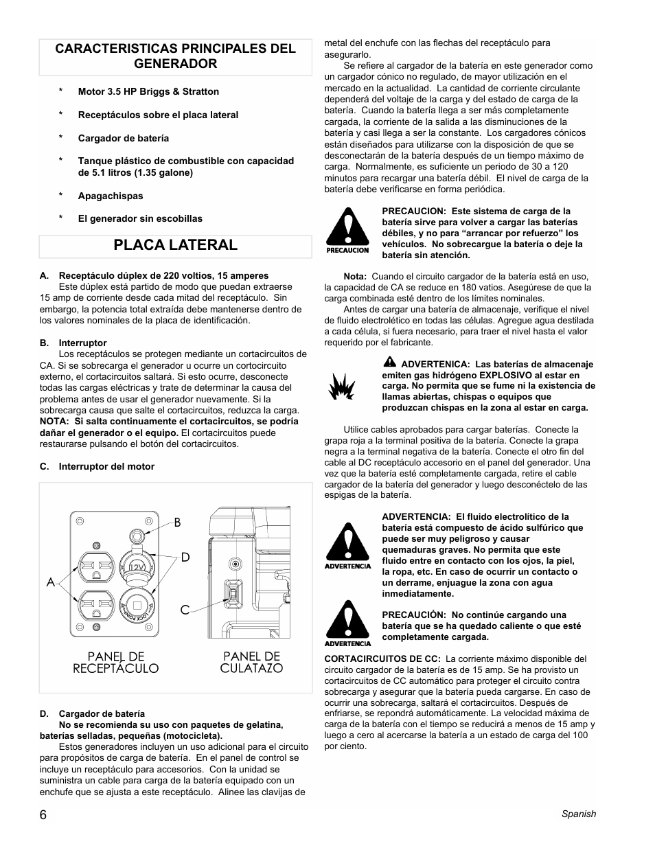 Placa lateral, Caracteristicas principales del generador | Powermate PE0401853 User Manual | Page 6 / 12
