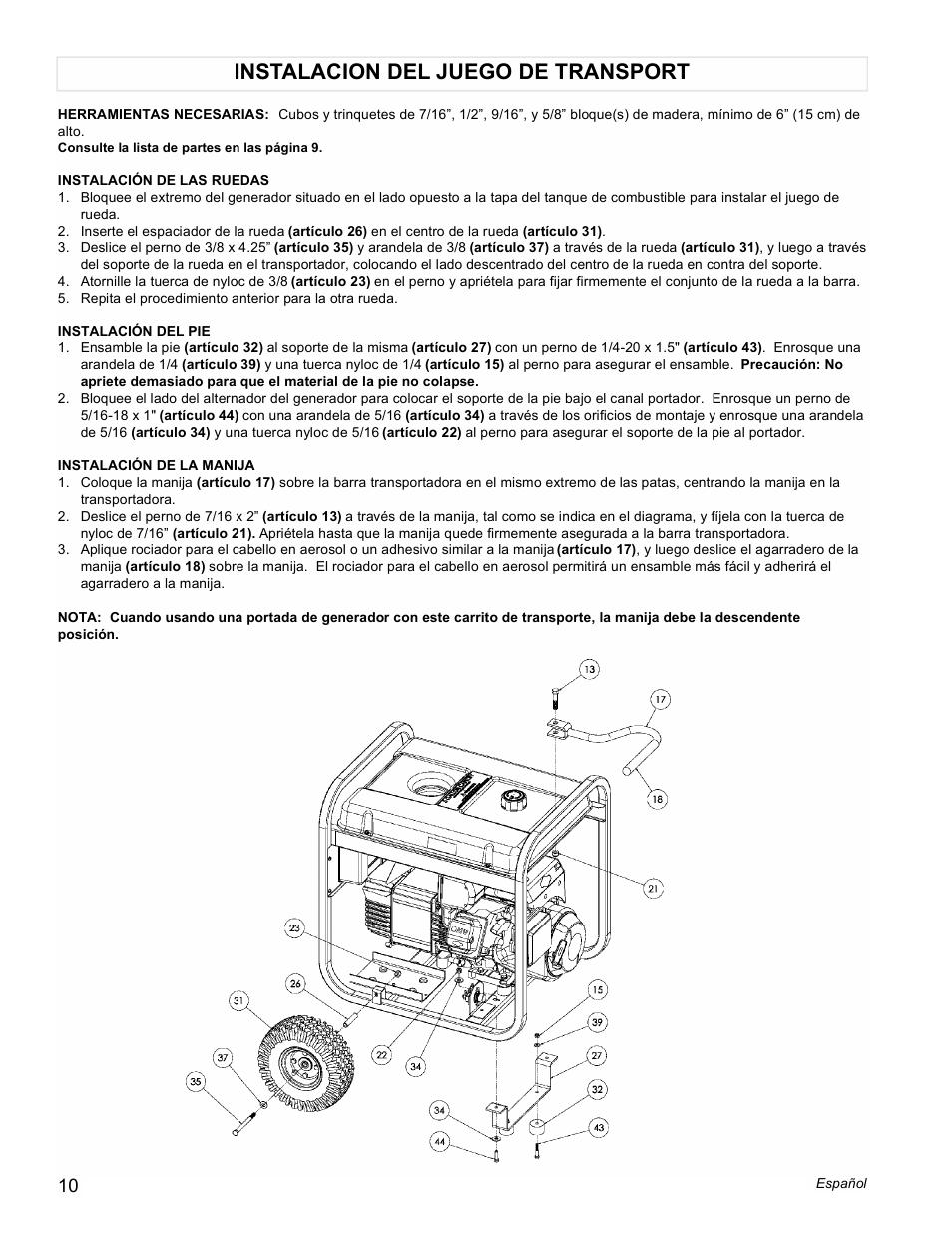 Instalacion del juego de transport | Powermate PM0545001 User Manual | Page 10 / 16
