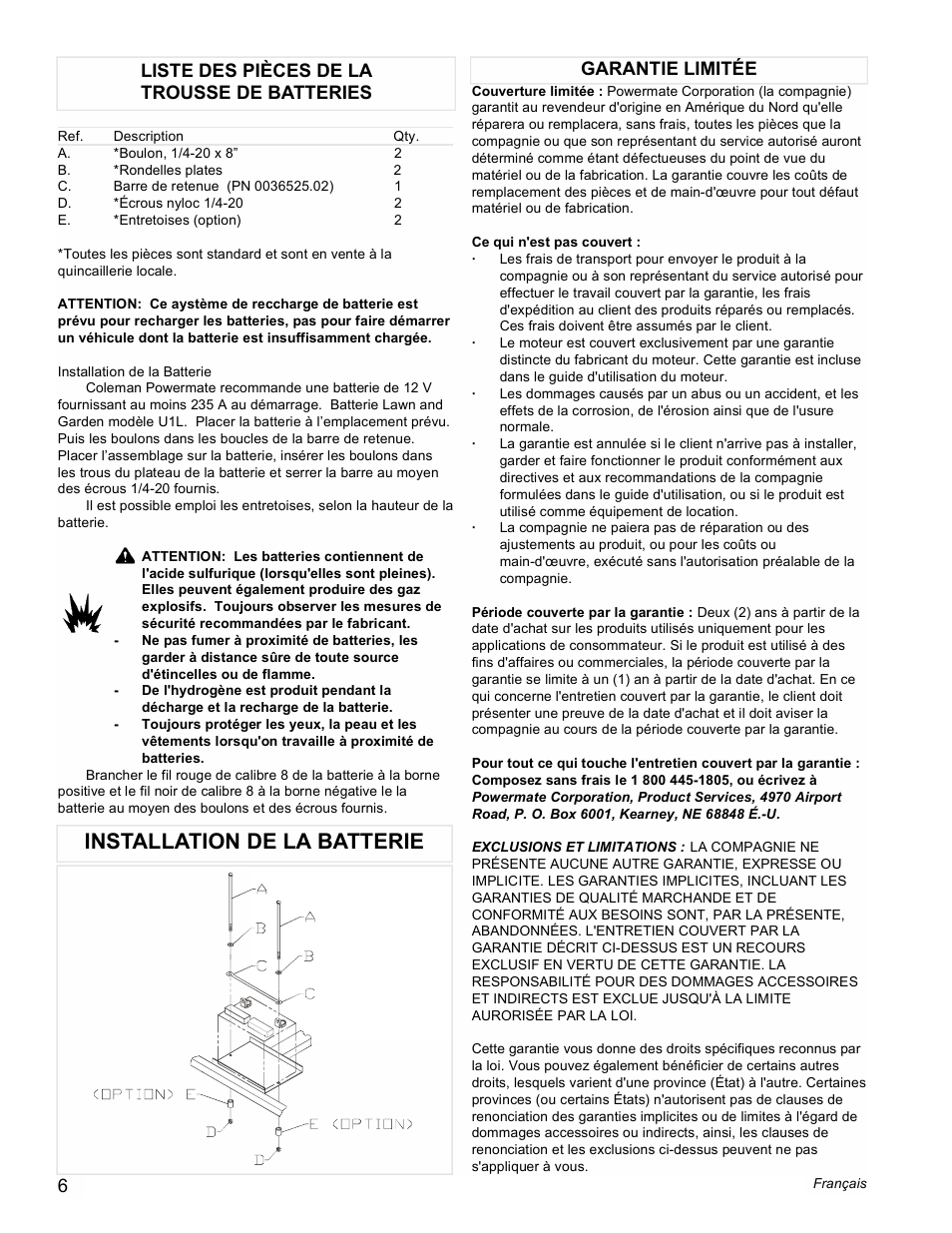 Installation de la batterie, Garantie limitée, Liste des pièces de la trousse de batteries | Powermate PM0545001 User Manual | Page 6 / 16