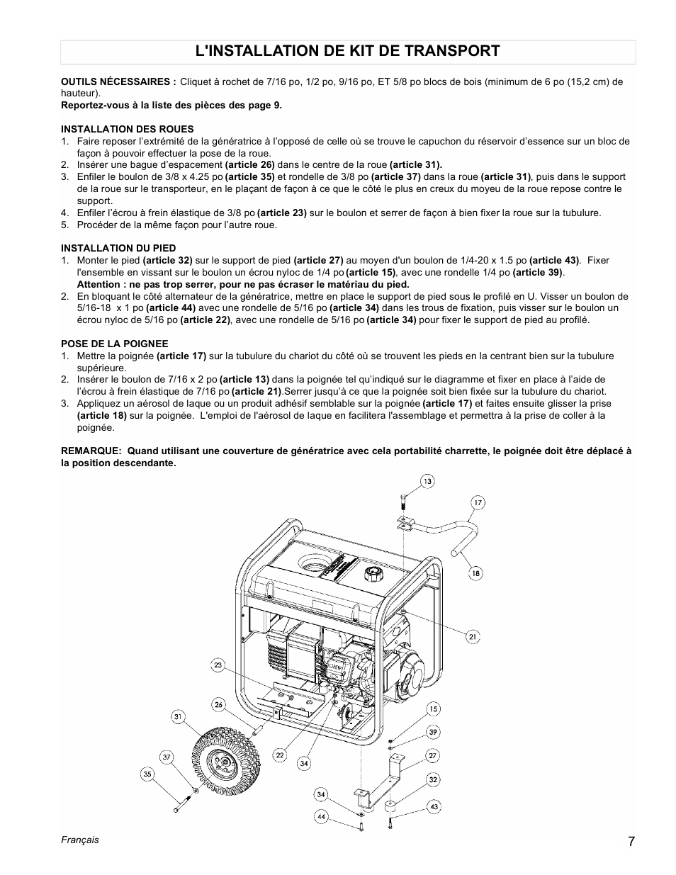 L'installation de kit de transport | Powermate PM0545001 User Manual | Page 7 / 16