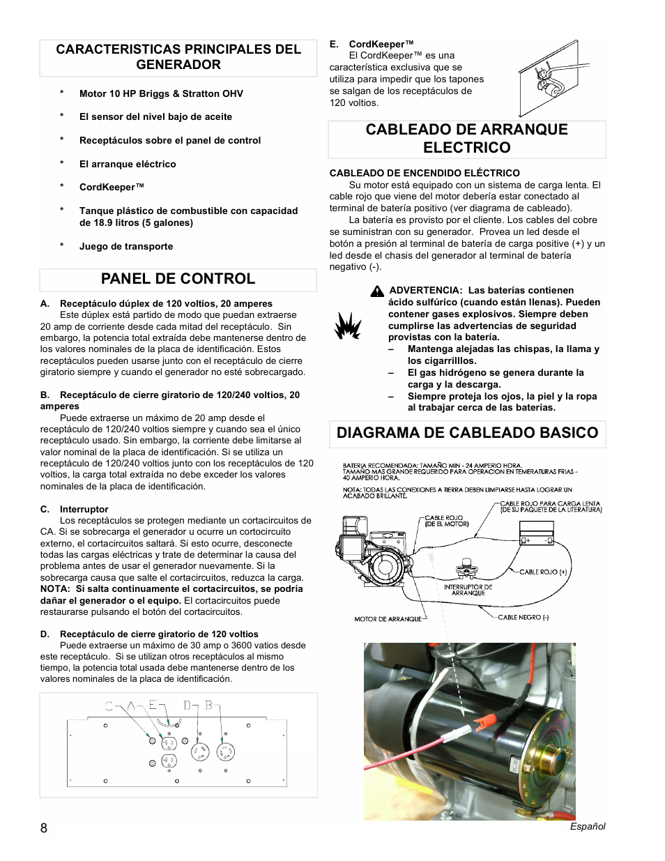 Panel de control, Caracteristicas principales del generador | Powermate PM0545001 User Manual | Page 8 / 16