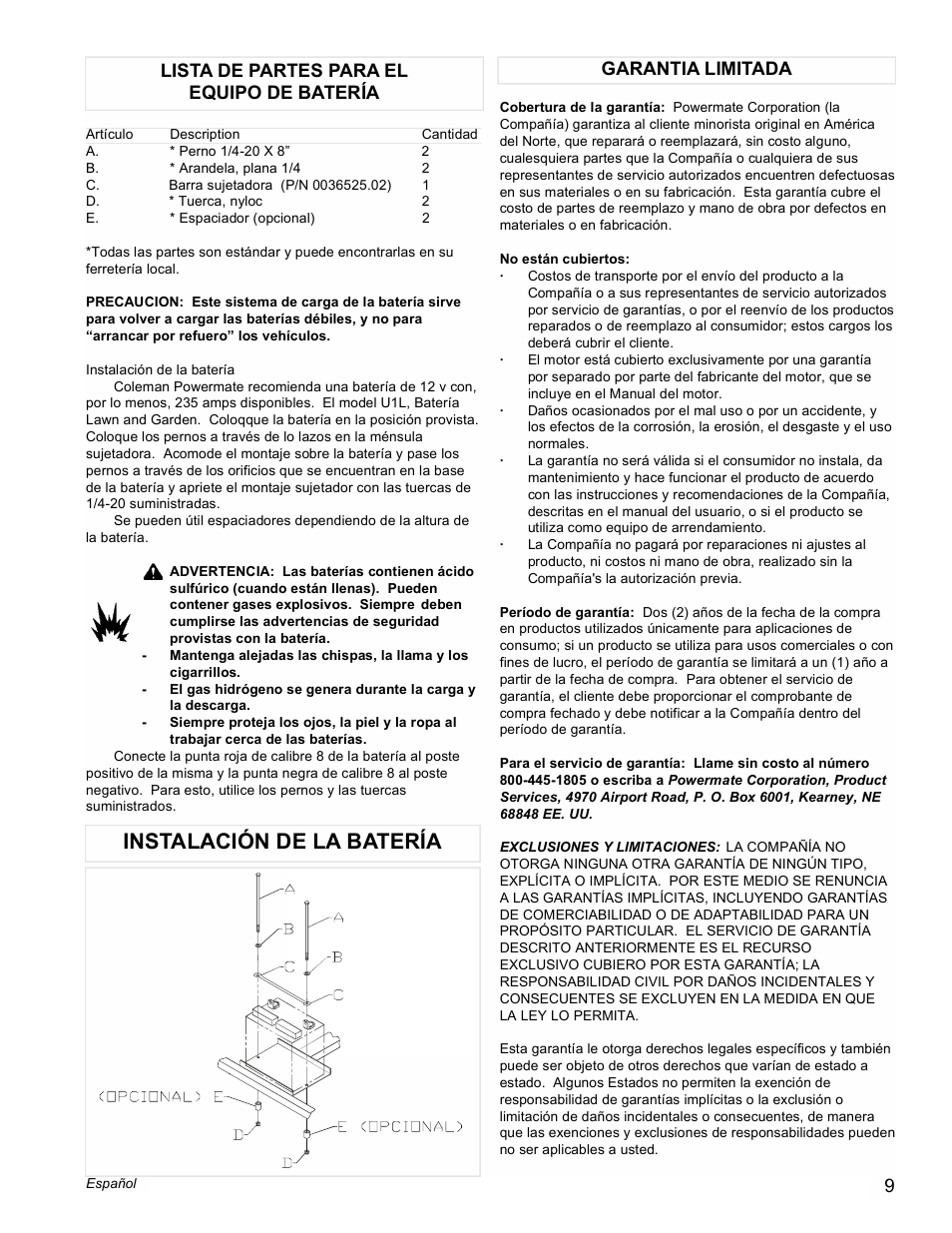 Instalación de la batería, Garantia limitada 9, Lista de partes para el equipo de batería | Powermate PM0545001 User Manual | Page 9 / 16