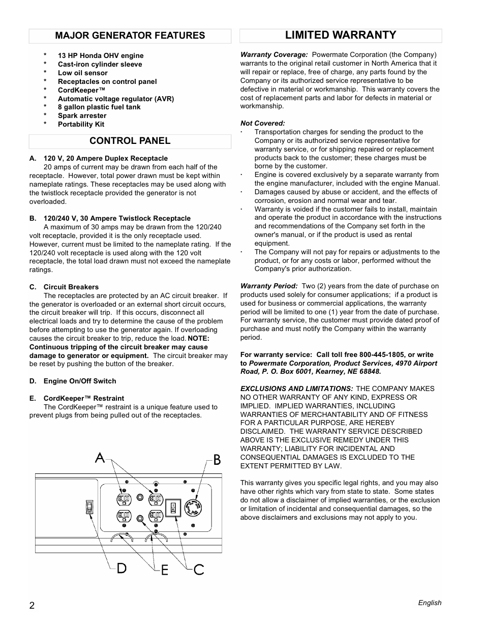 Limited warranty, Control panel major generator features | Powermate PMC497000 User Manual | Page 2 / 16