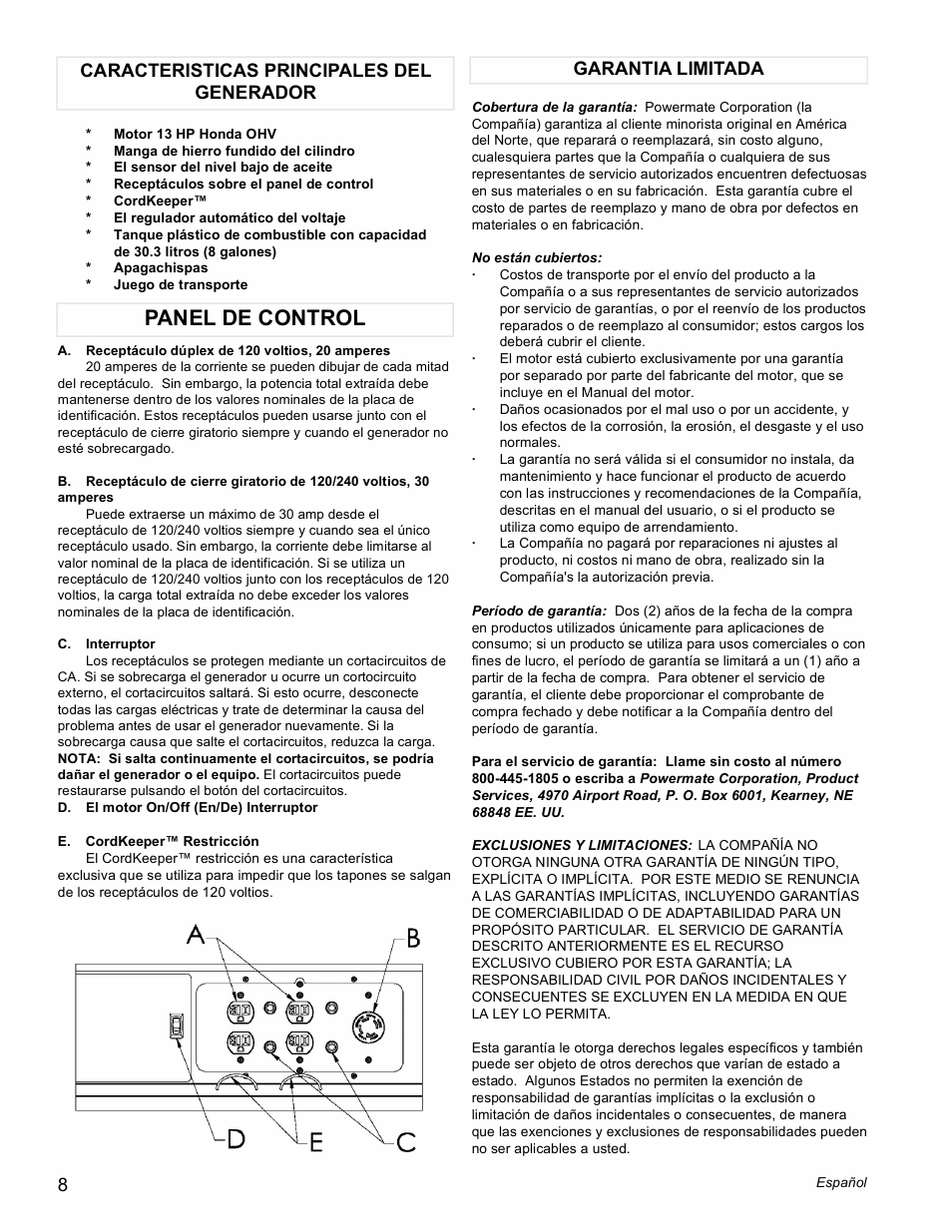Panel de control | Powermate PMC497000 User Manual | Page 8 / 16