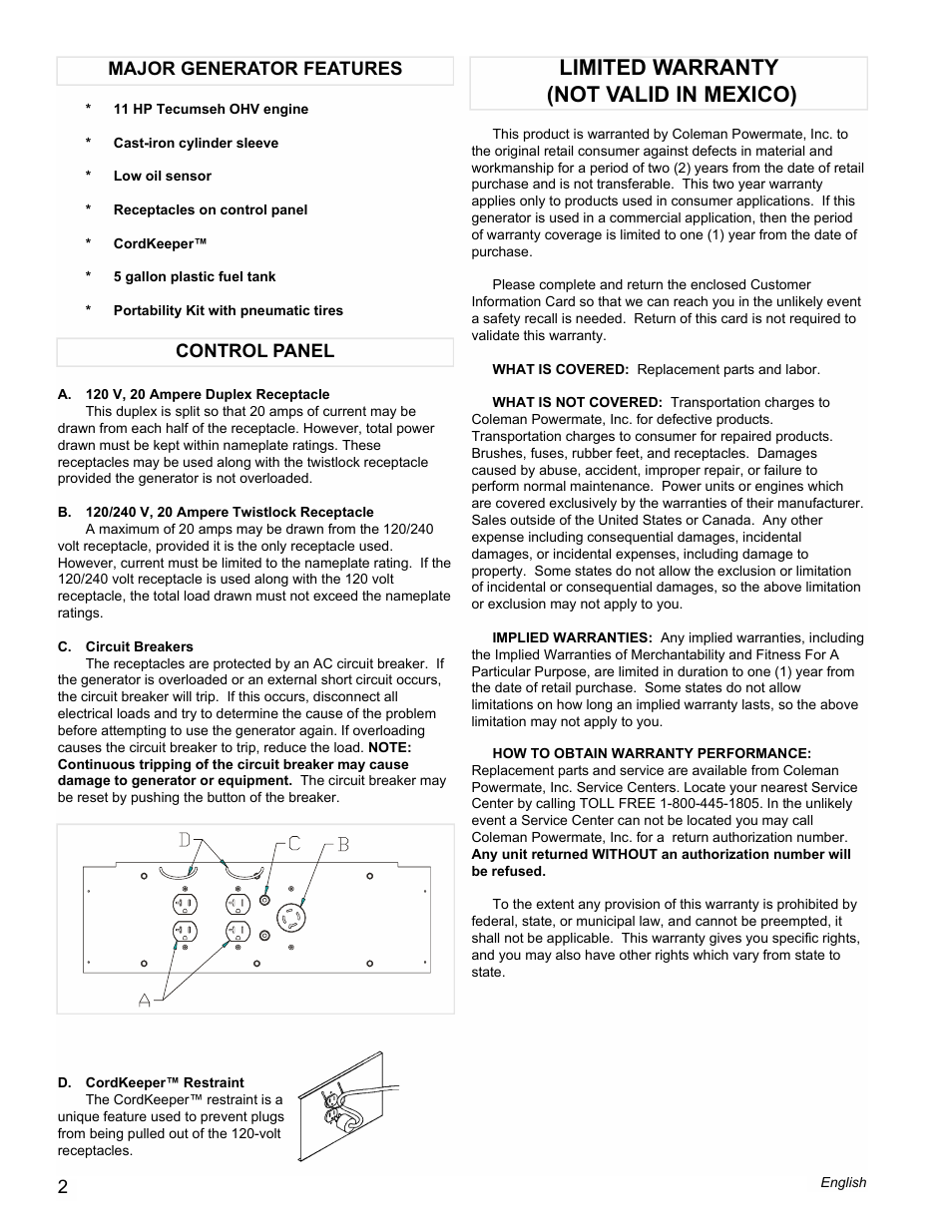 Limited warranty (not valid in mexico) | Powermate PMA525500 User Manual | Page 2 / 12