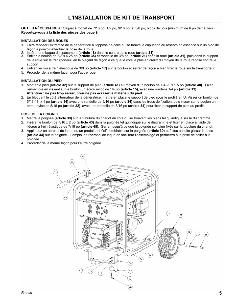 L'installation de kit de transport | Powermate PMA525500 User Manual | Page 5 / 12