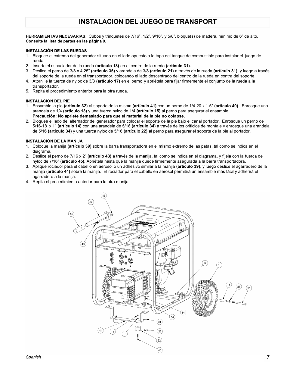 Instalacion del juego de transport | Powermate PMA525500 User Manual | Page 7 / 12