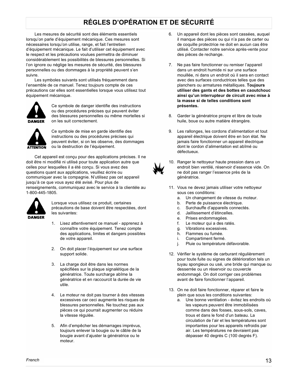 Régles d’opération et de sécurité | Powermate Vantage Series PC0473503 User Manual | Page 13 / 48