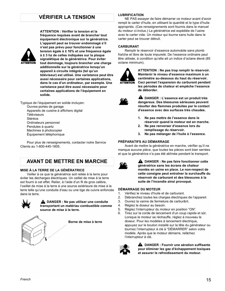 Vérifier la tension, Avant de mettre en marche | Powermate Vantage Series PC0473503 User Manual | Page 15 / 48