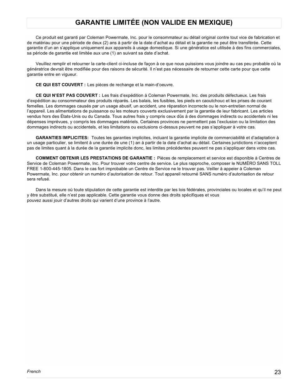 Garantie limitée (non valide en mexique) | Powermate Vantage Series PC0473503 User Manual | Page 23 / 48