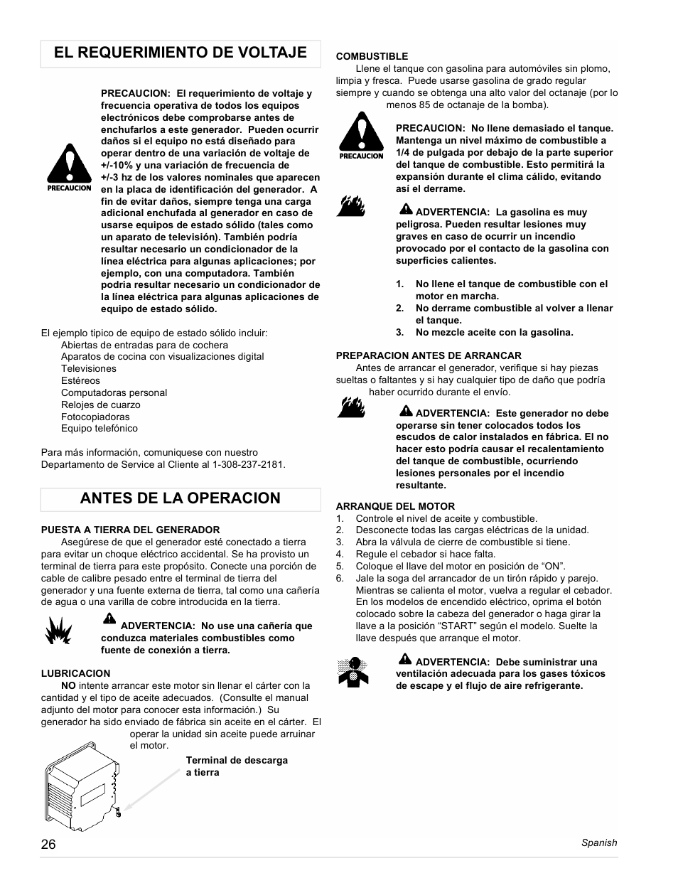 El requerimiento de voltaje, Antes de la operacion | Powermate Vantage Series PC0473503 User Manual | Page 26 / 48