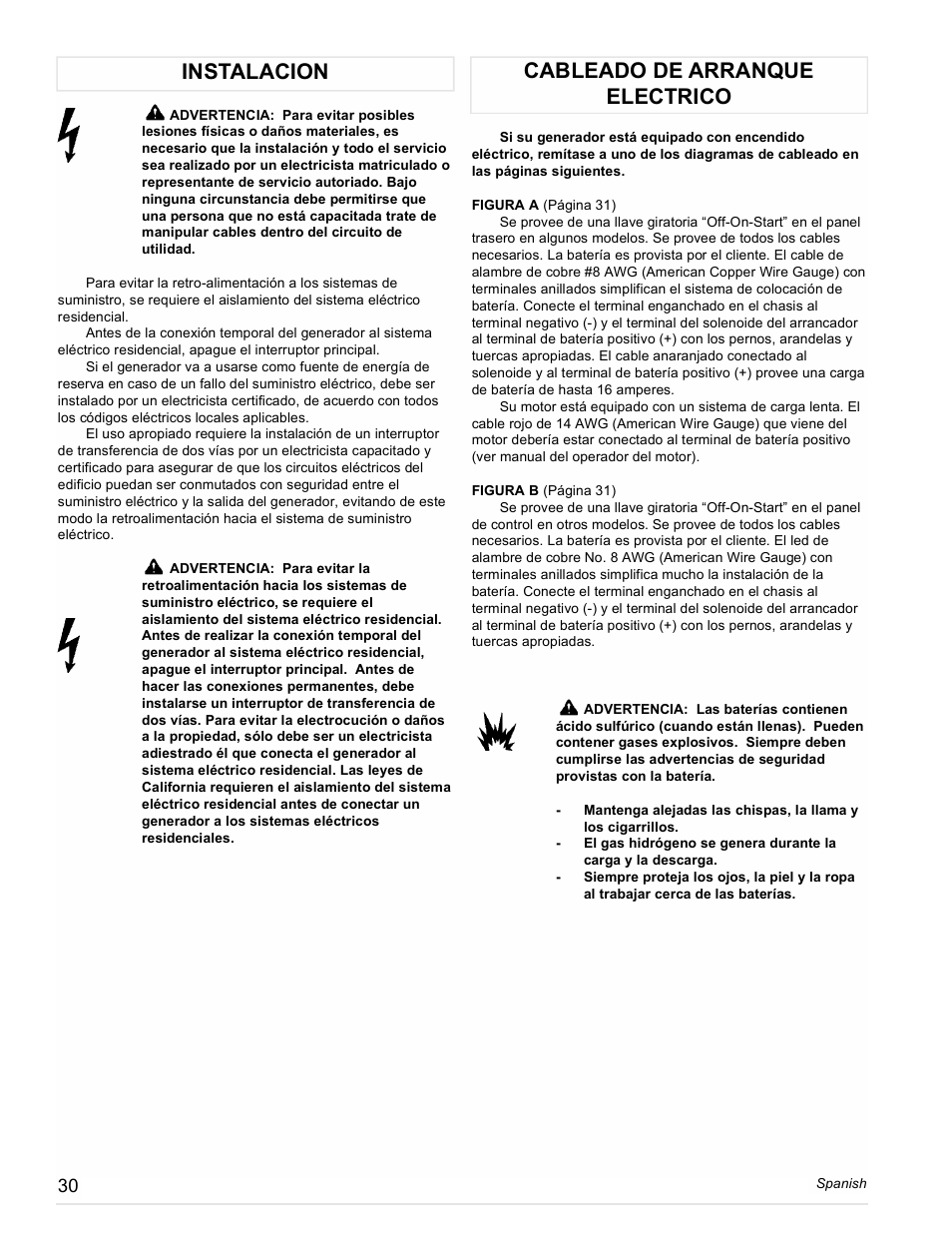 Instalacion cableado de arranque electrico | Powermate Vantage Series PC0473503 User Manual | Page 30 / 48