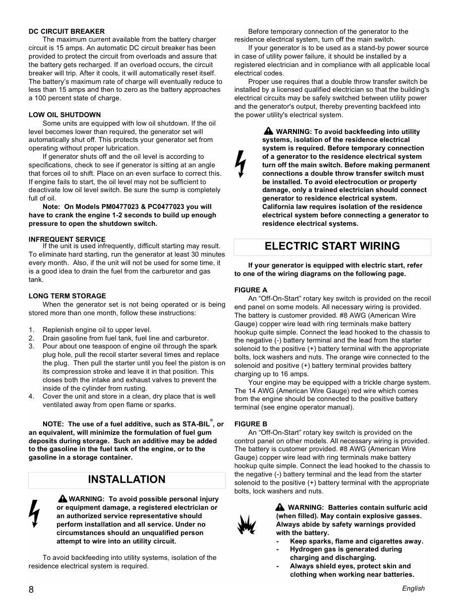 Installation electric start wiring | Powermate Vantage Series PC0473503 User Manual | Page 8 / 48