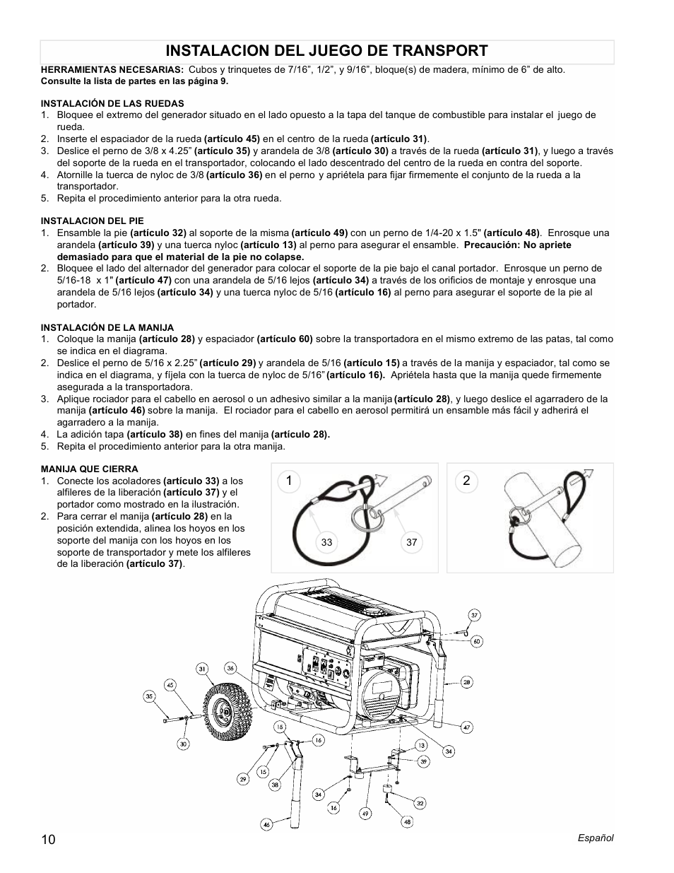 Instalacion del juego de transport | Powermate PMC605000 User Manual | Page 10 / 16