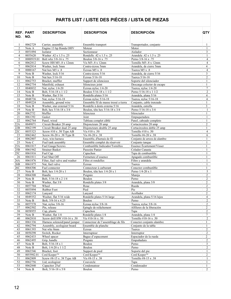 Parts list / liste des pièces / lista de piezas | Powermate PMC605000 User Manual | Page 12 / 16