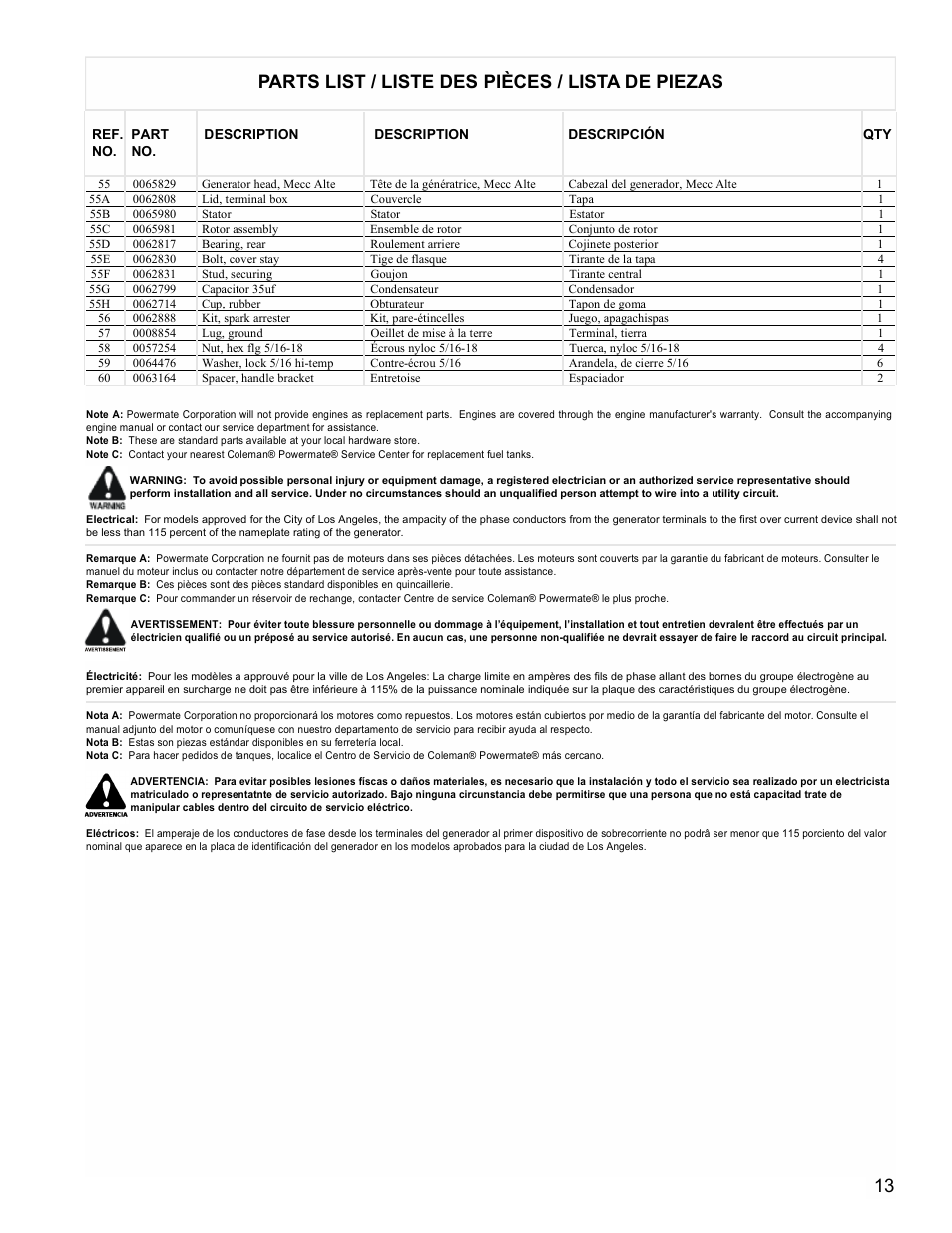 Parts list / liste des pièces / lista de piezas | Powermate PMC605000 User Manual | Page 13 / 16