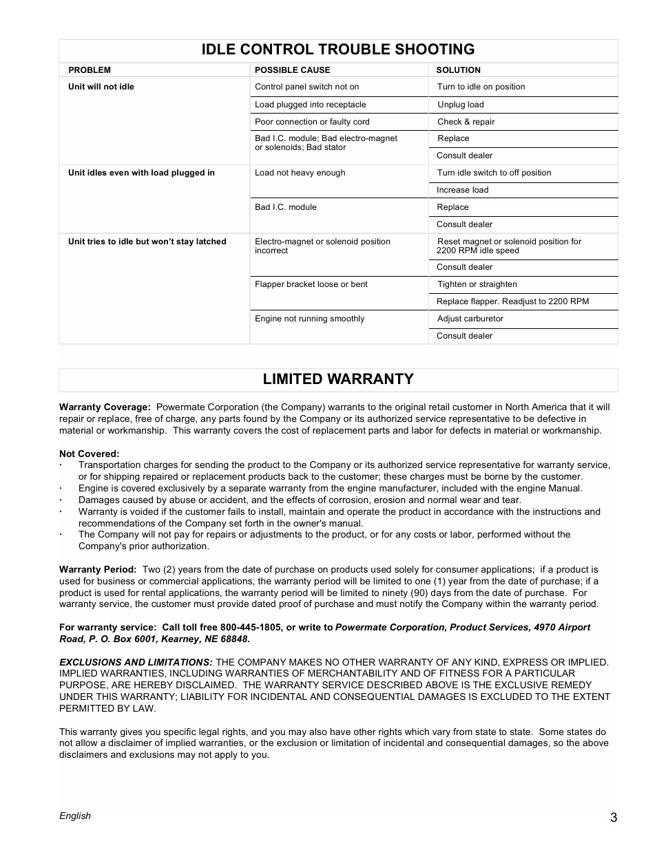 Idle control trouble shooting, Limited warranty | Powermate PMC605000 User Manual | Page 3 / 16
