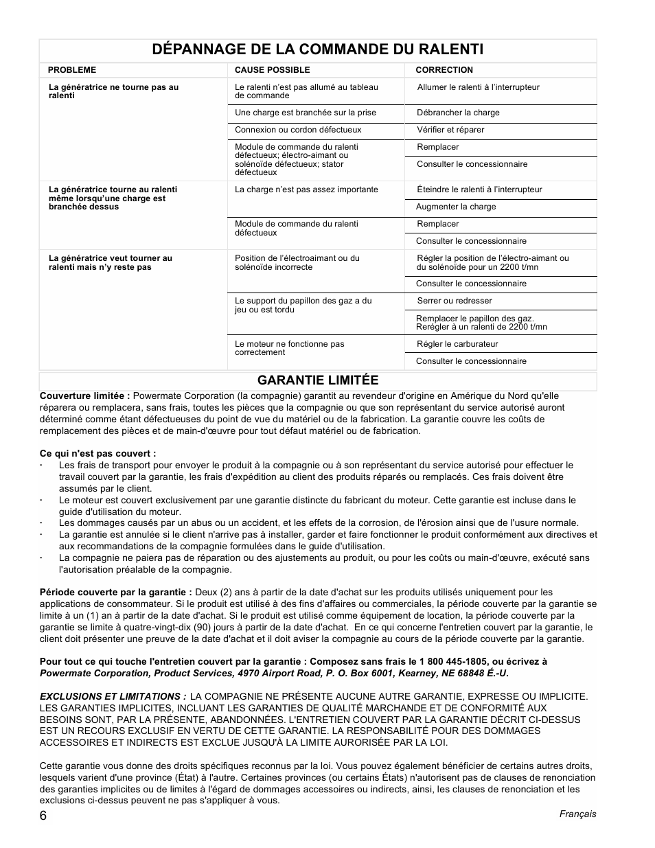 Dépannage de la commande du ralenti, Garantie limitée | Powermate PMC605000 User Manual | Page 6 / 16