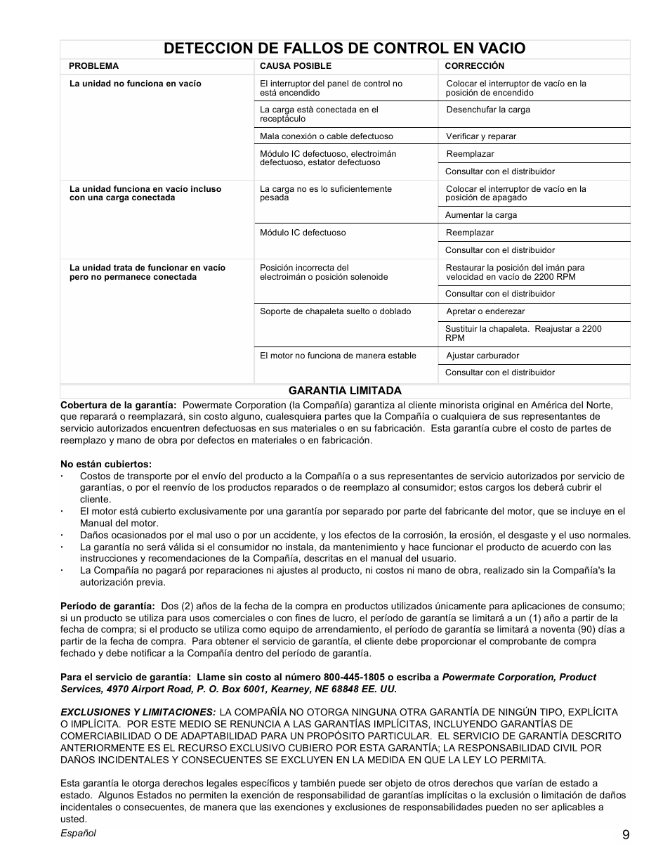 Deteccion de fallos de control en vacio | Powermate PMC605000 User Manual | Page 9 / 16