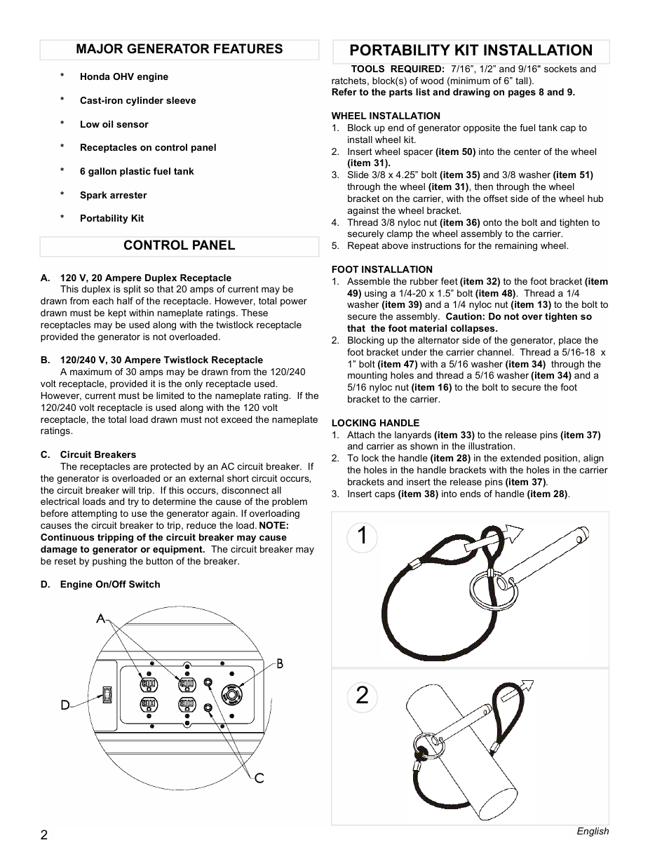 Portability kit installation, Control panel major generator features | Powermate PL0495503 User Manual | Page 2 / 12