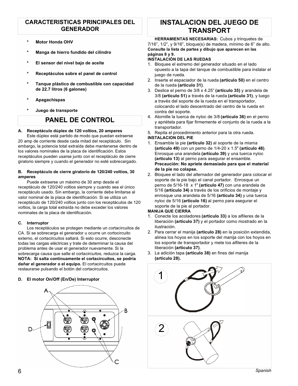 Panel de control, Instalacion del juego de transport, Caracteristicas principales del generador | Powermate PL0495503 User Manual | Page 6 / 12