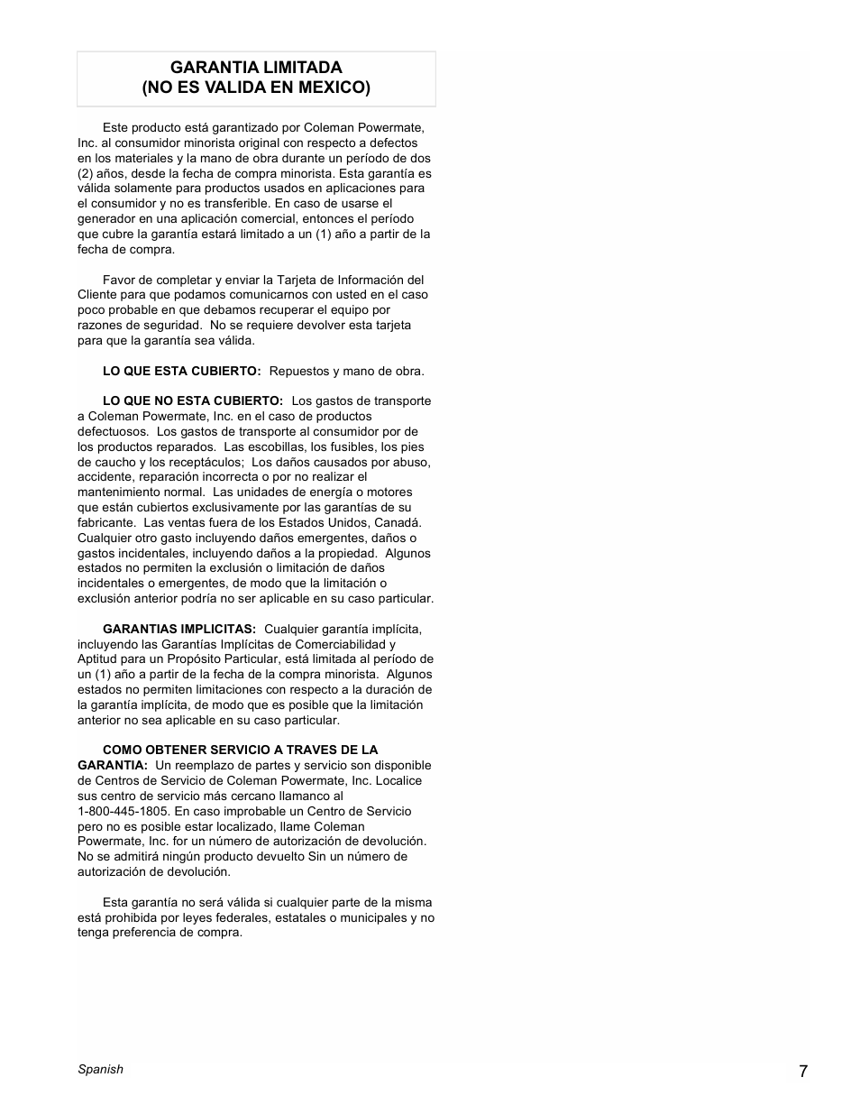 Garantia limitada (no es valida en mexico) | Powermate PL0495503 User Manual | Page 7 / 12