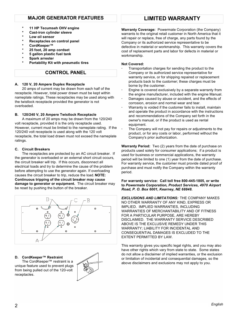 Limited warranty, Control panel major generator features | Powermate PL0525501 User Manual | Page 2 / 12