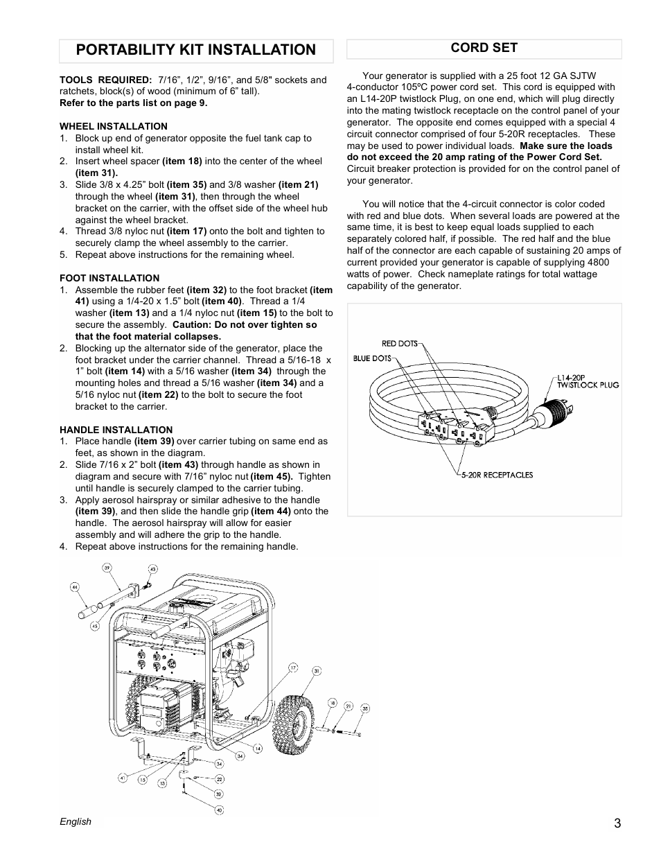 Portability kit installation, Cord set | Powermate PL0525501 User Manual | Page 3 / 12