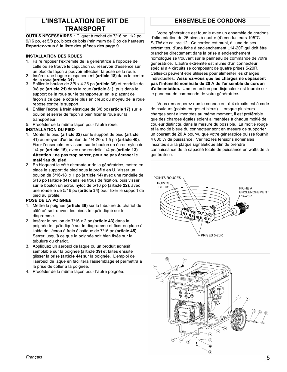 L'installation de kit de transport, Ensemble de cordons | Powermate PL0525501 User Manual | Page 5 / 12
