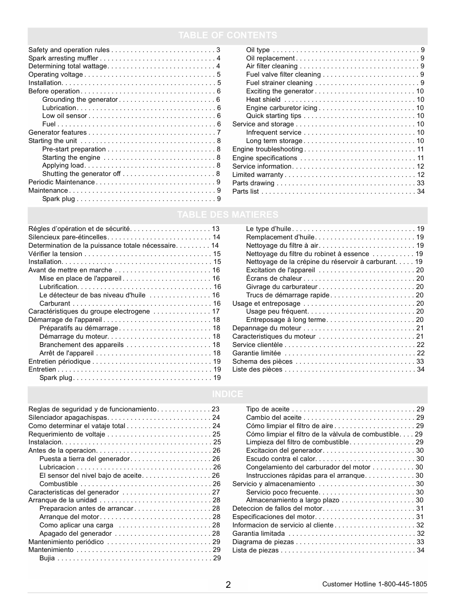 2table of contents table des matieres, Indice | Powermate PC0102300 User Manual | Page 2 / 36