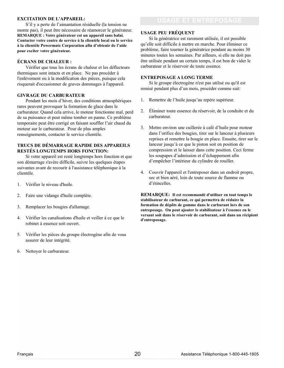 Usage et entreposage | Powermate PC0102300 User Manual | Page 20 / 36