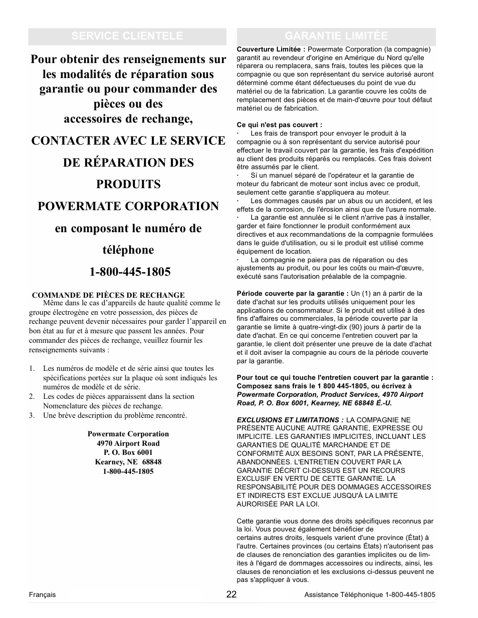 Garantie limitée service clientele | Powermate PC0102300 User Manual | Page 22 / 36