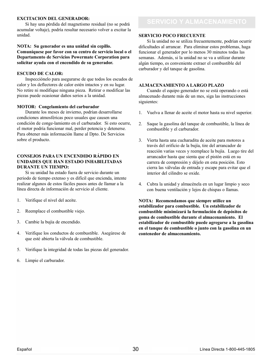 Servicio y almacenamiento | Powermate PC0102300 User Manual | Page 30 / 36