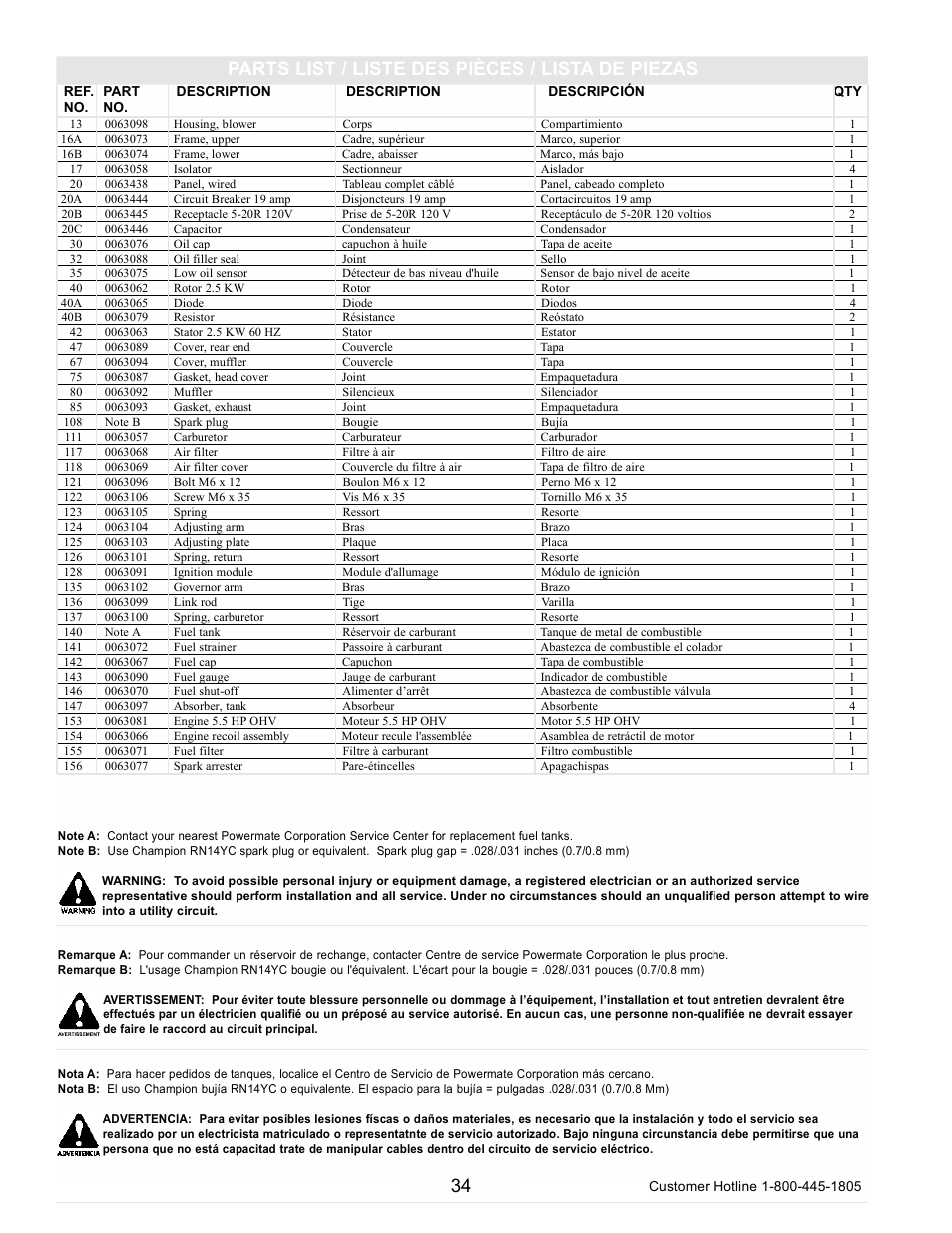 Parts list / liste des pièces / lista de piezas | Powermate PC0102300 User Manual | Page 34 / 36