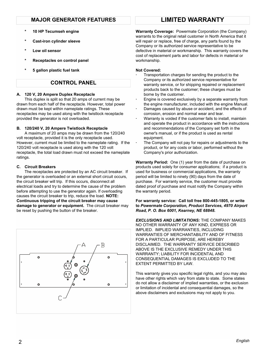 Limited warranty, Control panel major generator features | Powermate PMA525302.01 User Manual | Page 2 / 8