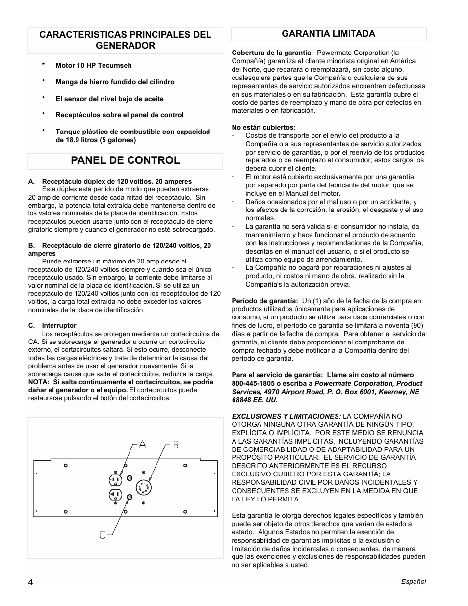 Panel de control | Powermate PMA525302.01 User Manual | Page 4 / 8