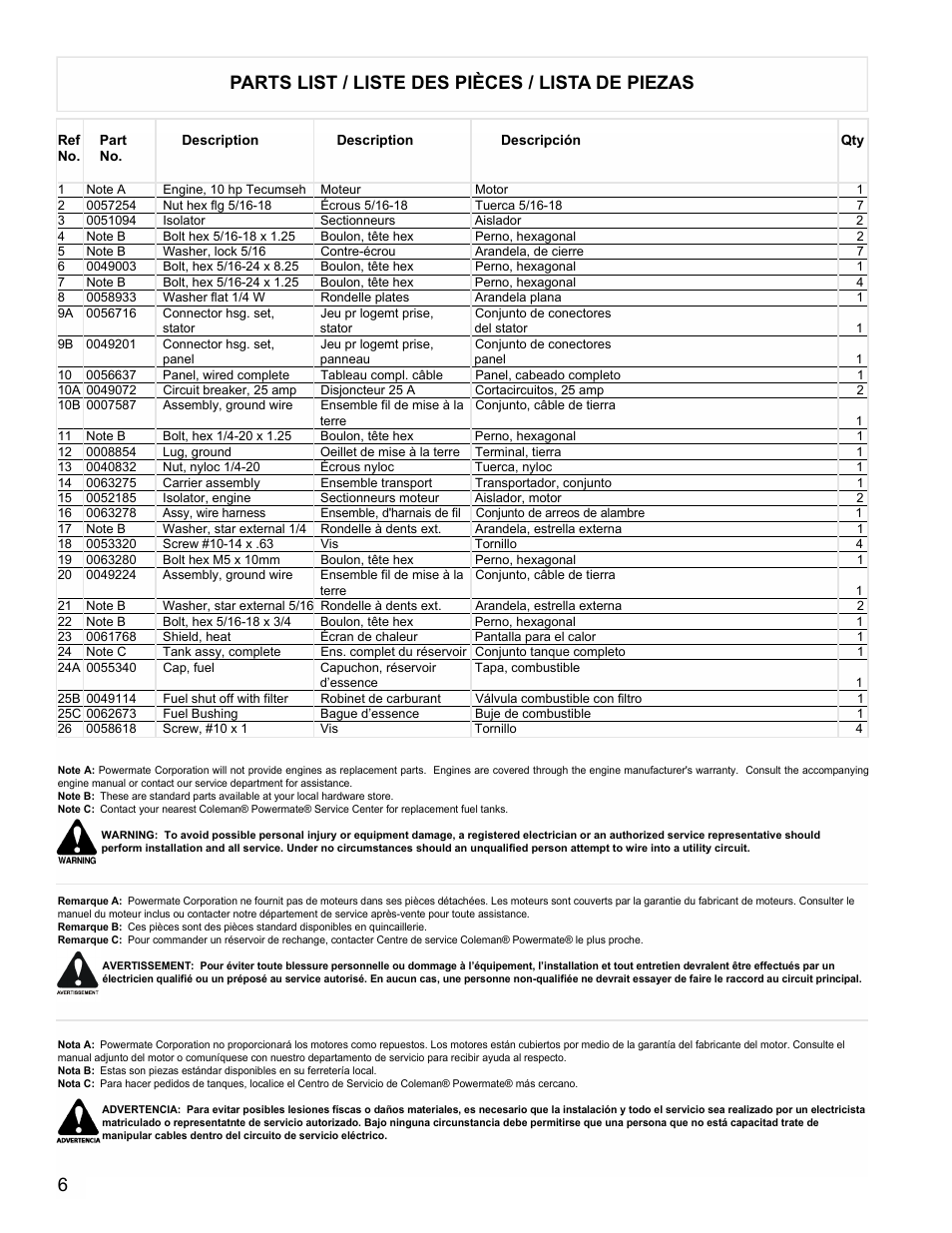 6parts list / liste des pièces / lista de piezas | Powermate PMA525302.01 User Manual | Page 6 / 8
