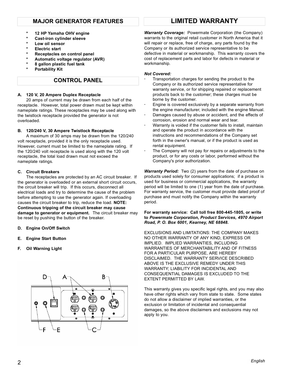 Limited warranty, Control panel major generator features | Powermate Black Max PM0676800 User Manual | Page 2 / 16