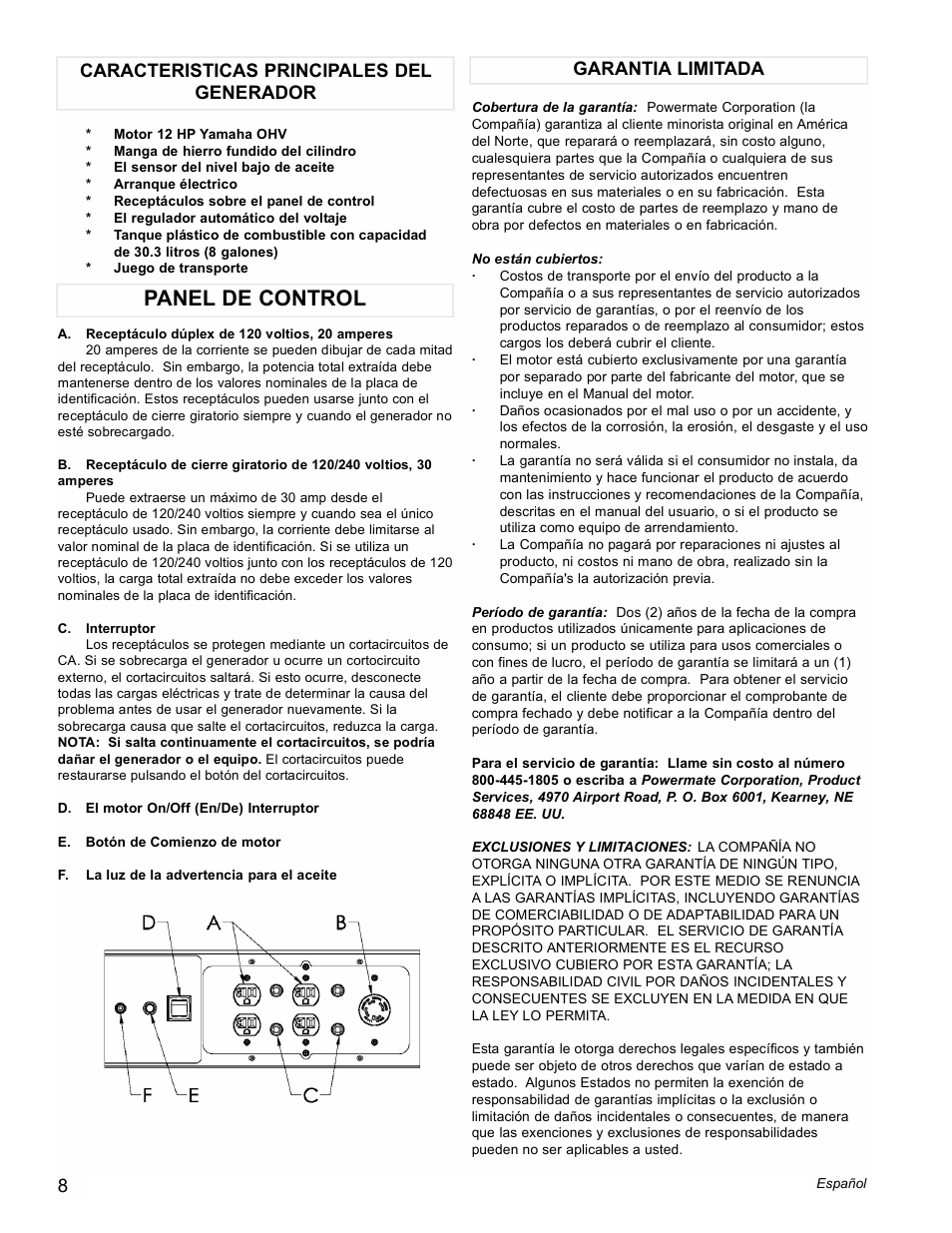 Panel de control | Powermate Black Max PM0676800 User Manual | Page 8 / 16