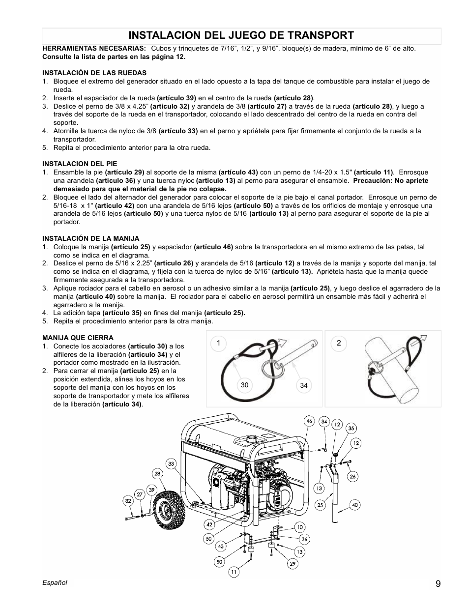 Instalacion del juego de transport | Powermate Black Max PM0676800 User Manual | Page 9 / 16