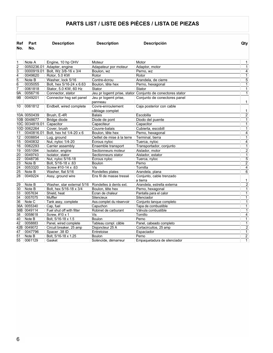 6parts list / liste des pièces / lista de piezas | Powermate PM0545004.18 User Manual | Page 6 / 8