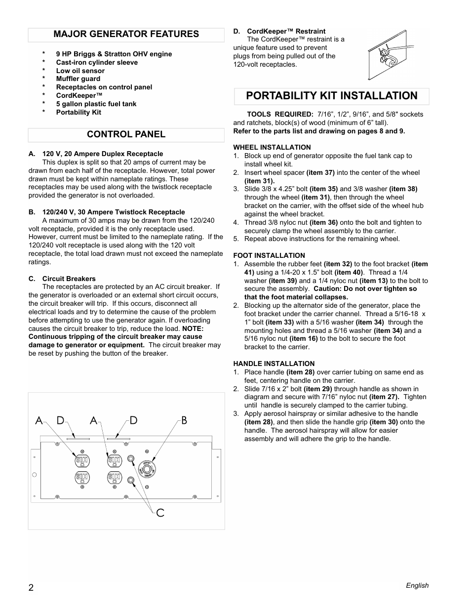 Portability kit installation, Control panel major generator features | Powermate PM0535000 User Manual | Page 2 / 12