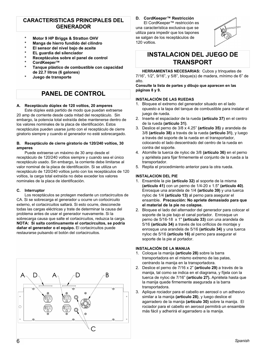 Panel de control, Instalacion del juego de transport, Caracteristicas principales del generador | Powermate PM0535000 User Manual | Page 6 / 12