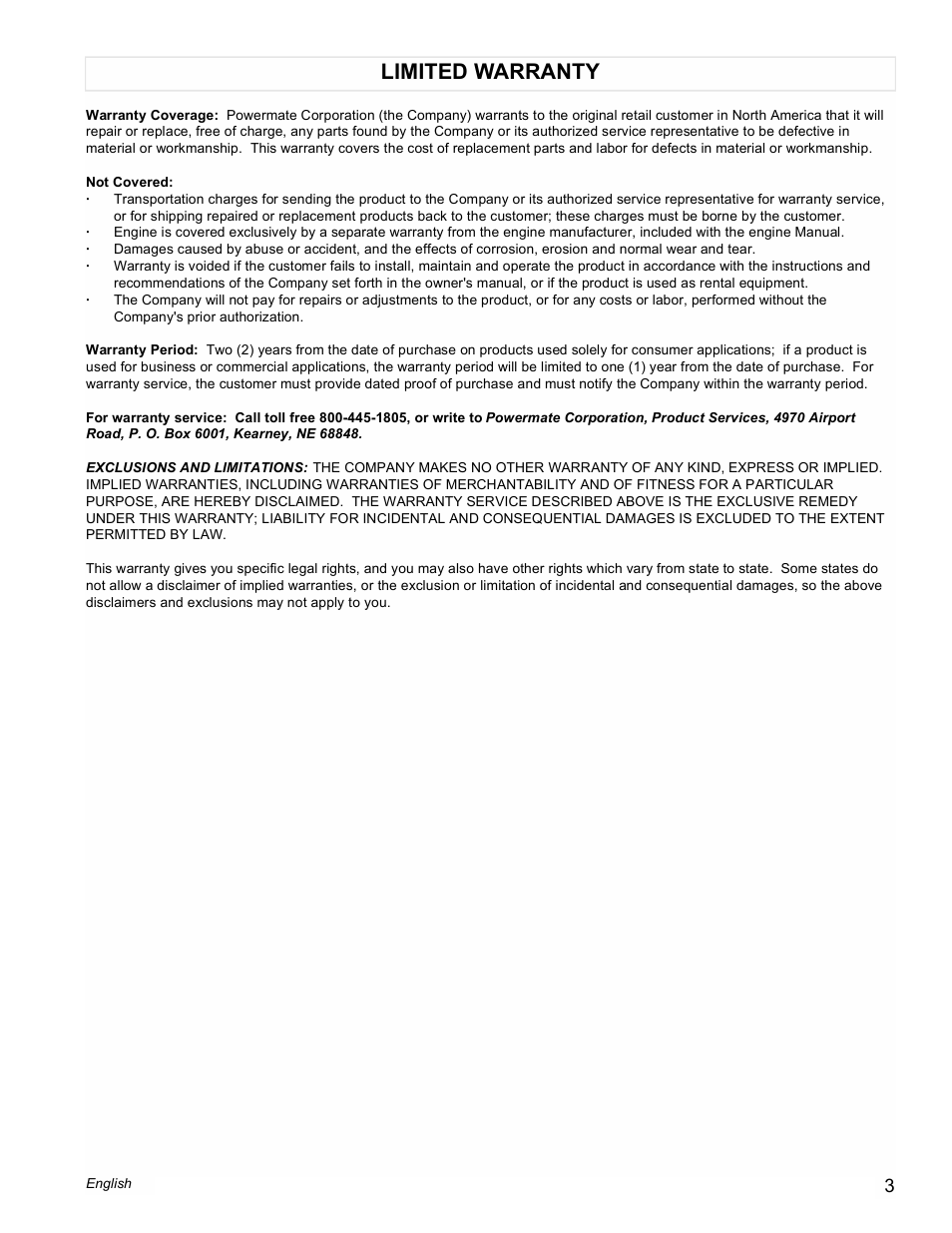 Limited warranty | Powermate Black Max PM0401858 User Manual | Page 3 / 12