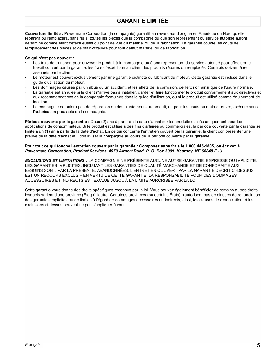 Garantie limitée | Powermate Black Max PM0401858 User Manual | Page 5 / 12